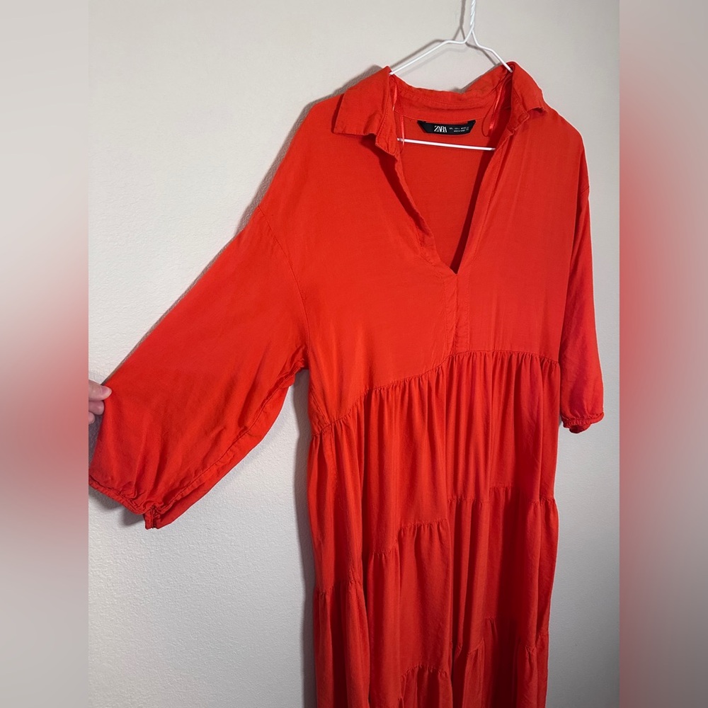Zara Women’s Vibrant orange Tiered with sleeves Midi Dress size large - Picture 3 of 6